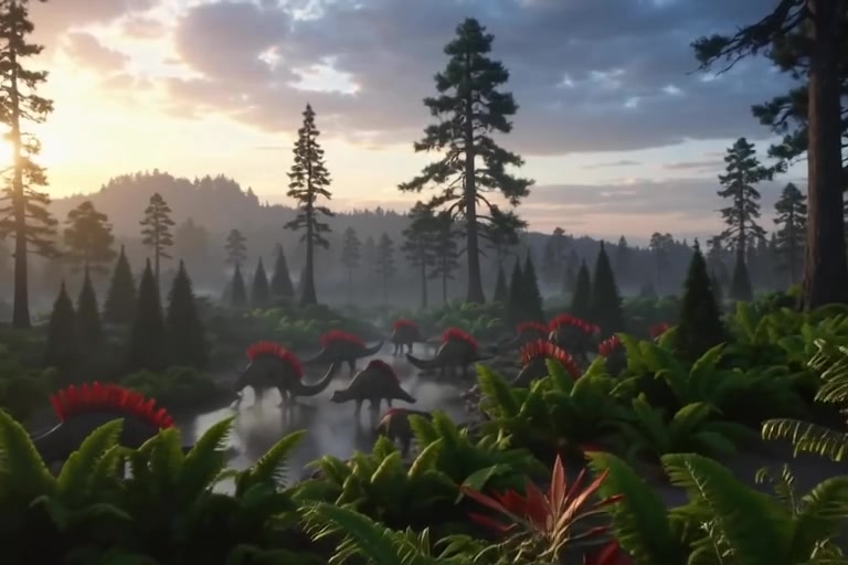[Scene 1] Visual: Dawn over a misty fern valley. Giant conifers and a steaming river. A herd of Stegosaurus grazes. A young one drifts away from the group toward the water.
Camera: Slow aerial drone push-in, then a low ground-level shot through the ferns.
Sound: Insects buzzing, distant low calls, water trickling. Soft ambient drone.
Prompt: Cinematic aerial shot of a misty Jurassic valley at golden dawn, herd of Stegosaurus grazing among giant ferns and conifers, river steaming, photorealistic, 4K, epic scale.
Style: scarred grey-green Allosaurus, olive Stegosaurus with red-edged plates, photorealistic, cinematic color grade. · [Scene 2] Visual: Ferns twitch. A close-up shows a yellow reptilian eye, then serrated teeth. An Allosaurus stalks low through the undergrowth, scarred and hungry. It locks onto the young Stegosaurus.
Camera: Extreme close-up on the eye, then a tracking shot behind the predator’s shoulder.
Sound: Ambient sound cuts to silence. A heavy breath, then a low rumbling growl. Tense percussion builds.
Prompt: Extreme close-up of an Allosaurus eye in dense jungle ferns, predator stalking prey, shallow depth of field, tense cinematic lighting, photorealistic.
Style: scarred grey-green Allosaurus, olive Stegosaurus with red-edged plates, photorealistic, cinematic color grade. · [Scene 3] Visual: The Allosaurus explodes from cover and charges, sending mud flying. The young Stegosaurus bellows. An adult Stegosaurus, massive with towering back plates, swings around to block the attack.
Camera: Fast handheld tracking alongside the charge, then a whip-pan to the adult turning.
Sound: A thunderous roar, pounding footsteps, and a sharp musical hit as the adult steps in.
Prompt: Allosaurus bursting from jungle and charging, mud spraying, adult Stegosaurus turning to defend its young, dynamic handheld action shot, slow-motion debris, cinematic.
Style: scarred grey-green Allosaurus, olive Stegosaurus with red-edged plates, photorealistic, cinematic color grade. · [Scene 4] Visual: The Allosaurus lunges for the neck. The Stegosaurus pivots and whips its spiked tail (the thagomizer), which slams into the predator’s side. The Allosaurus staggers, bites a back plate, and gets thrown off. A second tail swing is dodged by inches.
Camera: A slow-motion impact shot on the tail strike, a circling 360° shot around the fighters, and quick cuts.
Sound: Bone-crunching impact, roars overlapping, full orchestral and drum score at its peak.
Prompt: Epic battle between Allosaurus and Stegosaurus, spiked tail striking the predator in slow motion, dust and debris flying, 360-degree camera orbit, dramatic backlighting, photorealistic VFX.
Style: scarred grey-green Allosaurus, olive Stegosaurus with red-edged plates, photorealistic, cinematic color grade. · [Scene 5] Visual: Wounded and limping, the Allosaurus lets out a final defiant roar and retreats into the jungle. The adult Stegosaurus stands over the young one as the herd regroups. The sun breaks through the mist, and the camera pulls up high over the valley.
Camera: Low hero angle on the Stegosaurus, then a slow crane-up into a wide aerial shot.
Sound: A fading roar in the distance, the herd calling, music resolving into a powerful final chord.
Title card (last 2s): JURASSIC CLASH
Prompt: Victorious Stegosaurus standing protectively over its young, wounded Allosaurus retreating into jungle, sun rays breaking through mist, camera rising into epic aerial wide shot, cinematic finale.
Style: scarred grey-green Allosaurus, olive Stegosaurus with red-edged plates, photorealistic, cinematic color grade.